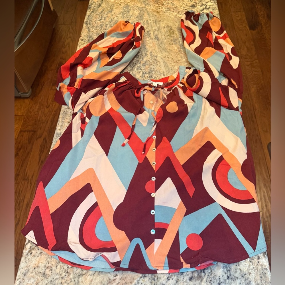 August Sky Long Sleeve Blouse. Button up with tie. Size S but is oversized. NWT